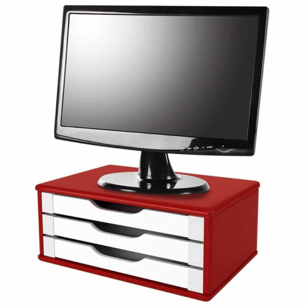 Suporte para Monitor MDF 3 Gavetas Vermelho e Branco