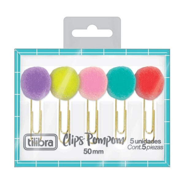 Clips 50mm Pompom Coloridos Azul com 5 Unidades