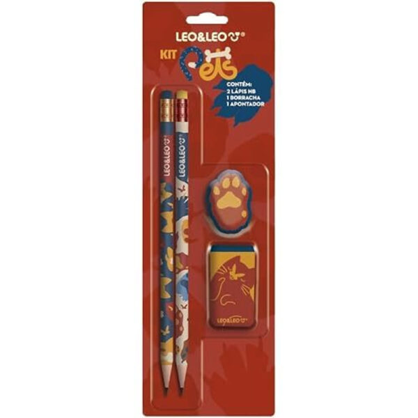 Kit Lápis HB Leoleo Pets com Apontador e Borracha